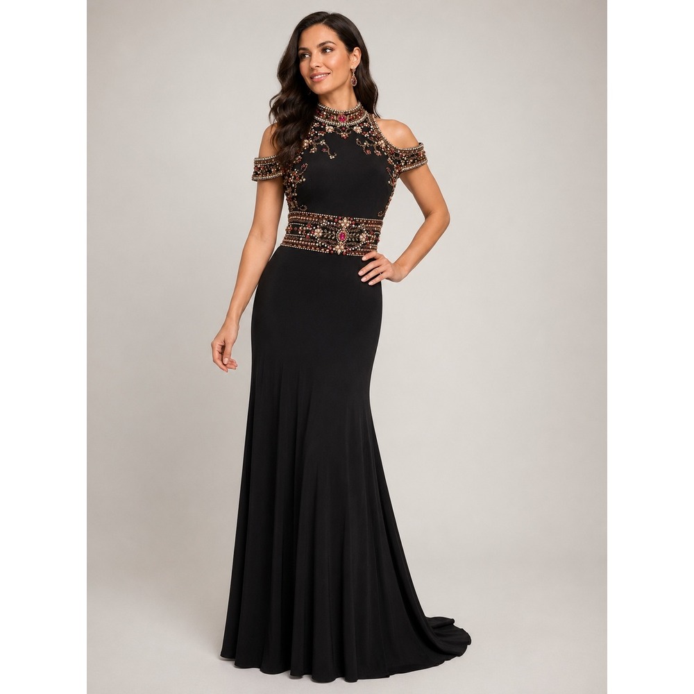 Mac Duggal Womens Black Beaded Cold Shoulder Open Back Evening Gown Size 0
